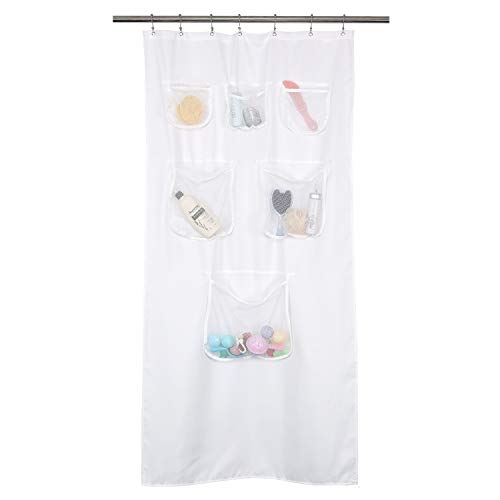 Barossa Design Water-Repellent Fabric Shower Curtain or Liner with 9 Handy Mesh Pockets