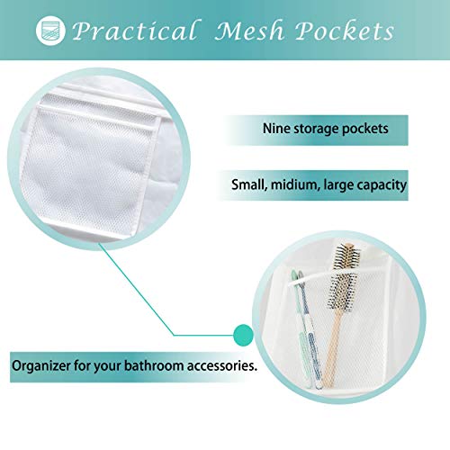Barossa Design Water-Repellent Fabric Shower Curtain or Liner with 9 Handy Mesh Pockets