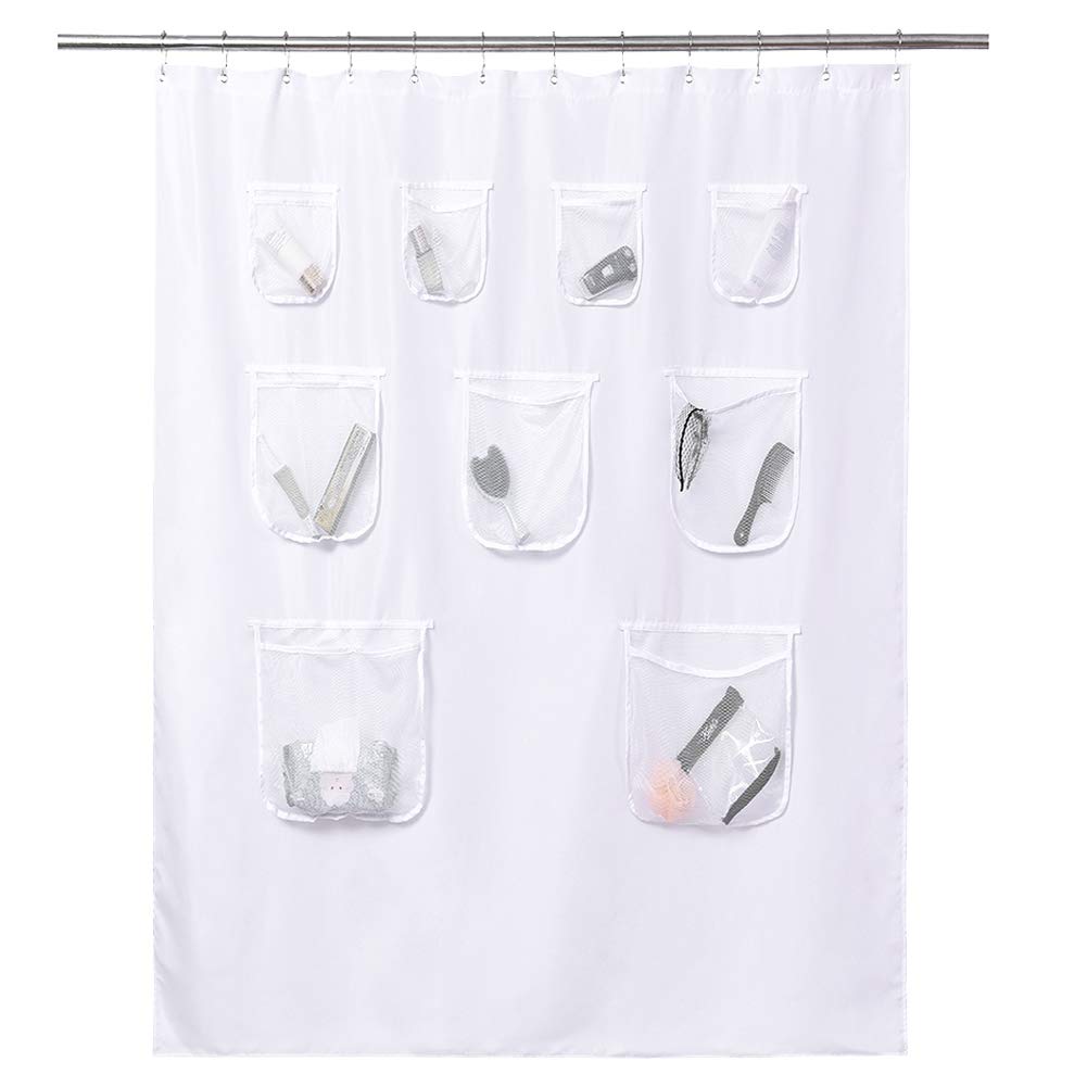 Barossa Design Water-Repellent Fabric Shower Curtain or Liner with 9 Handy Mesh Pockets