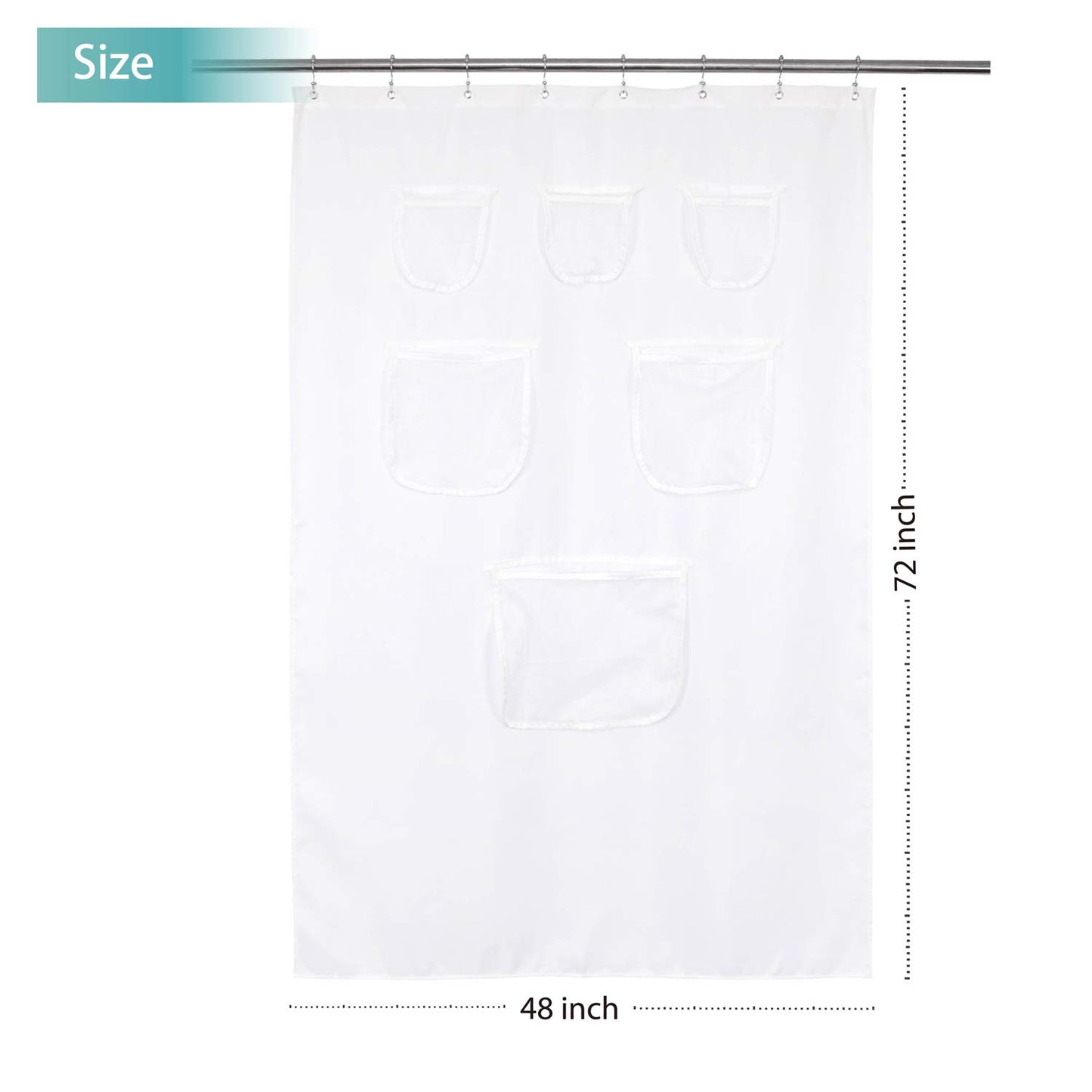 Barossa Design Water-Repellent Fabric Shower Curtain or Liner with 9 Handy Mesh Pockets