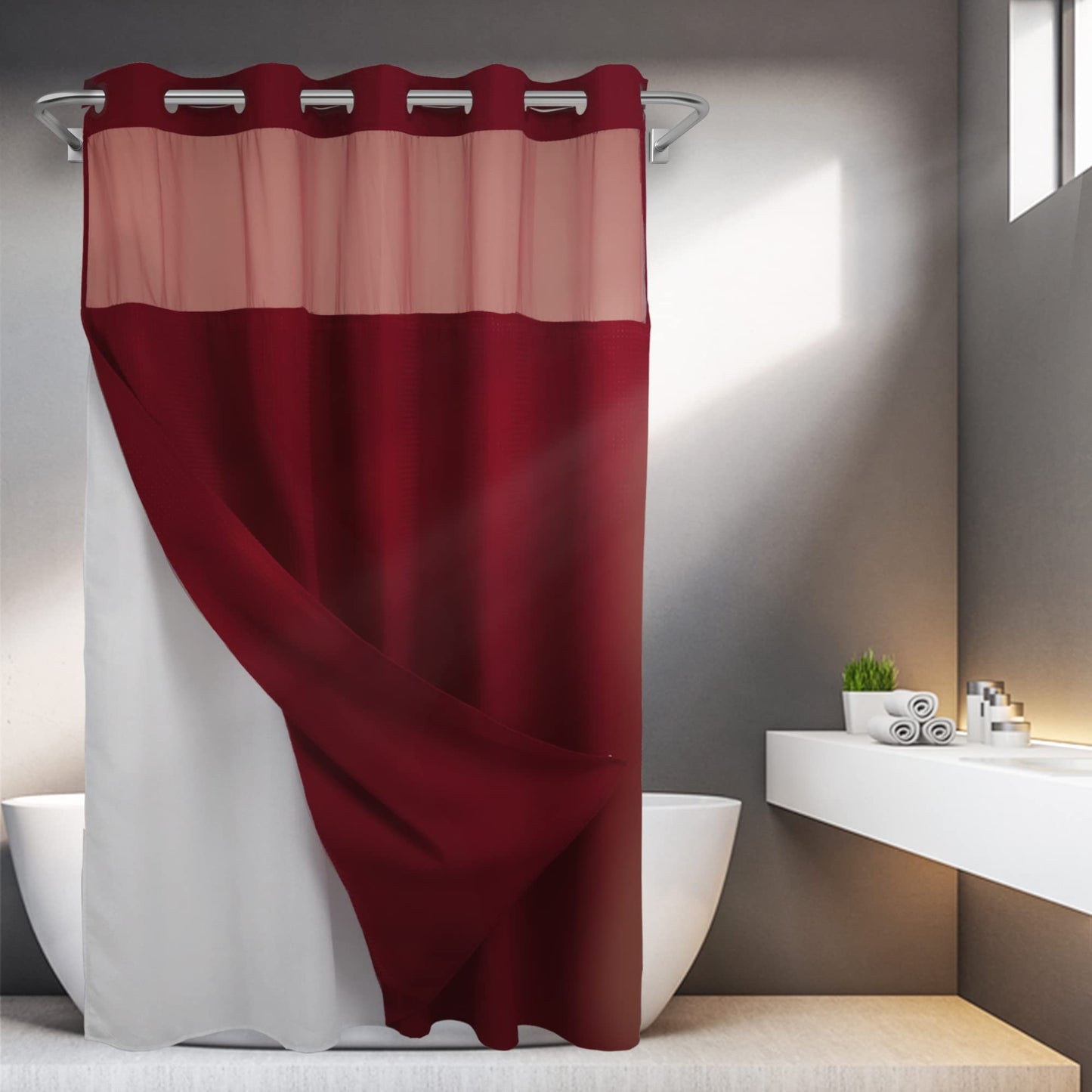 Barossa Design No Hooks Required Waffle Weave Shower Curtain with Snap in Liner