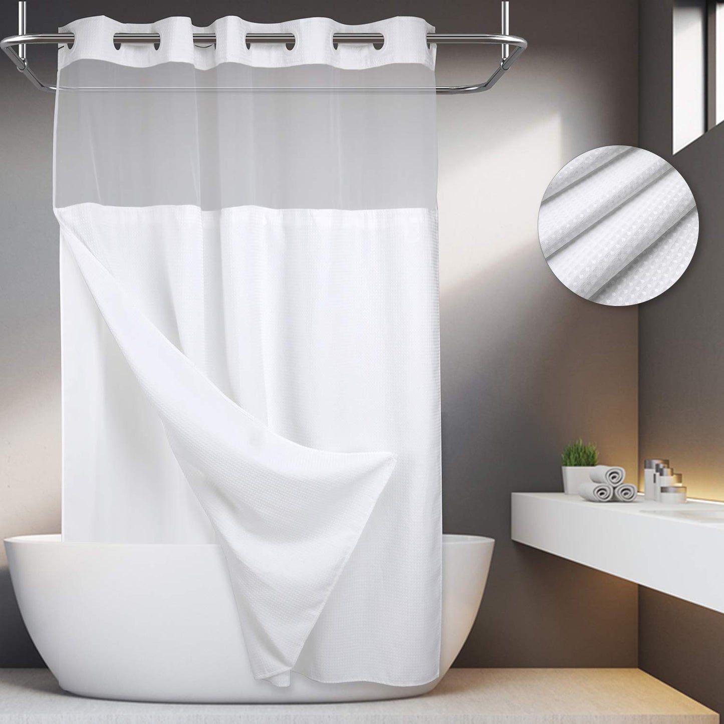 Barossa Design No Hooks Required Waffle Weave Shower Curtain with Snap in Liner