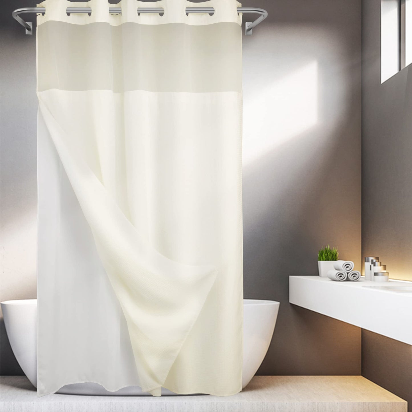 Barossa Design No Hooks Required Waffle Weave Shower Curtain with Snap in Liner