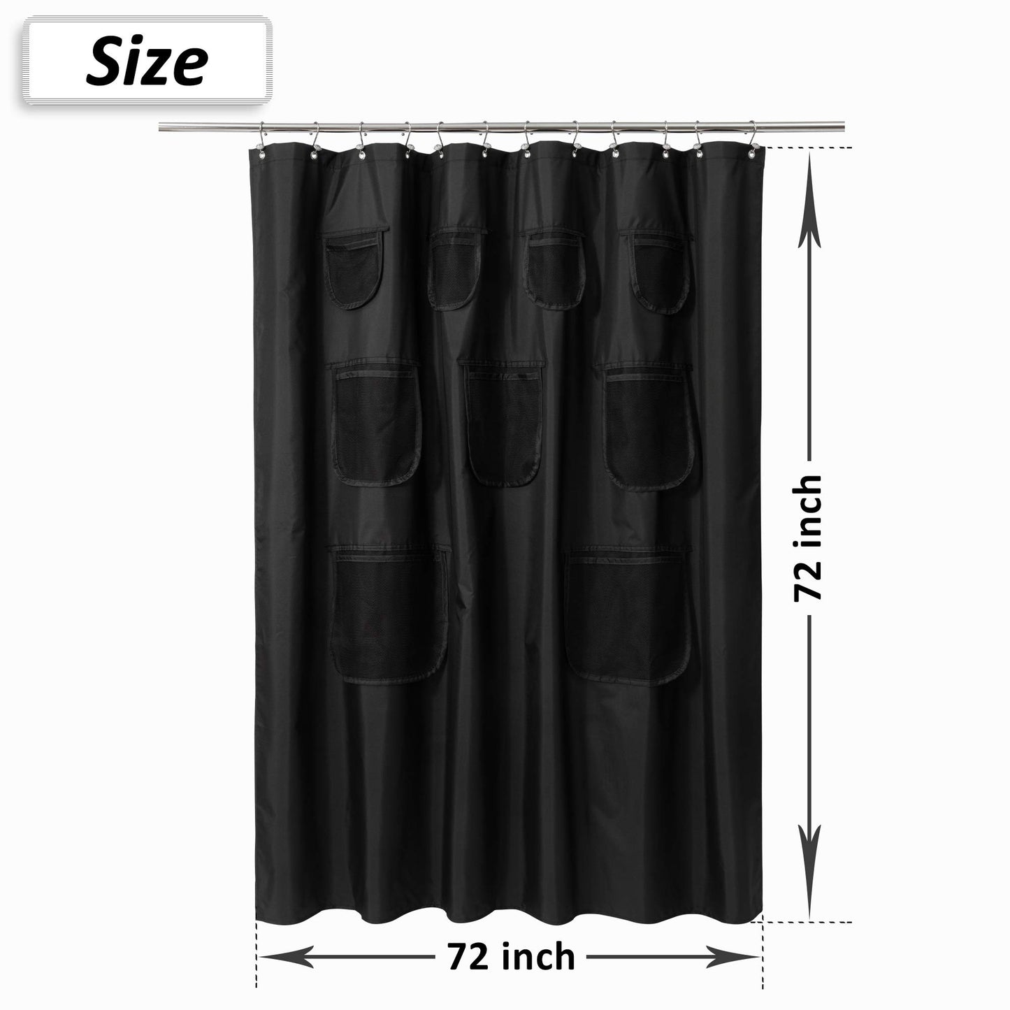 Barossa Design Water-Repellent Fabric Shower Curtain or Liner with 9 Handy Mesh Pockets