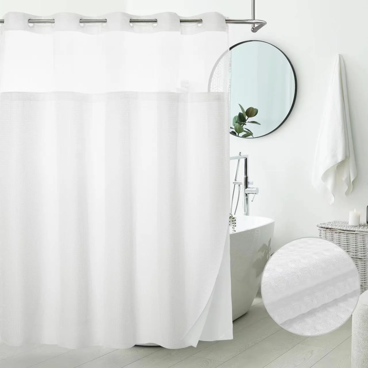 Barossa Design No Hook Extra Long Waffle Weave Shower Curtain with Snap in Liner, Mesh Window