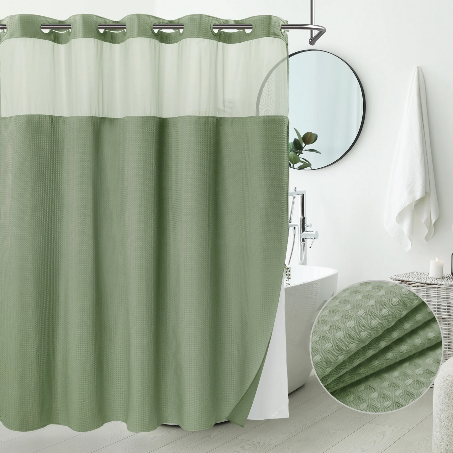 Barossa Design No Hook Extra Long Waffle Weave Shower Curtain with Snap in Liner, Mesh Window