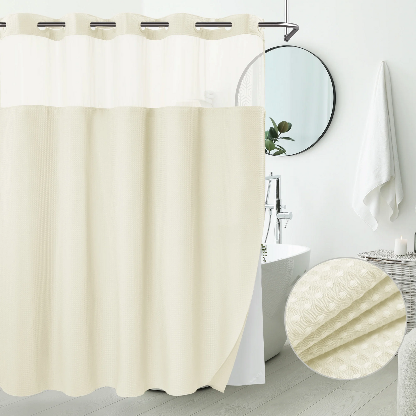 Barossa Design No Hook Extra Long Waffle Weave Shower Curtain with Snap in Liner, Mesh Window