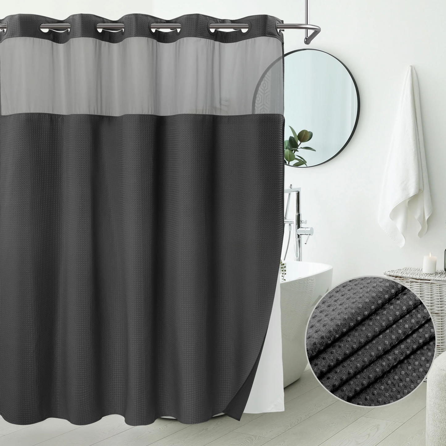 Barossa Design No Hook Extra Long Waffle Weave Shower Curtain with Snap in Liner, Mesh Window