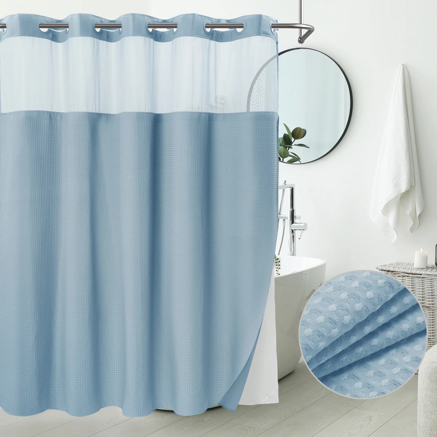 Barossa Design No Hook Extra Long Waffle Weave Shower Curtain with Snap in Liner, Mesh Window