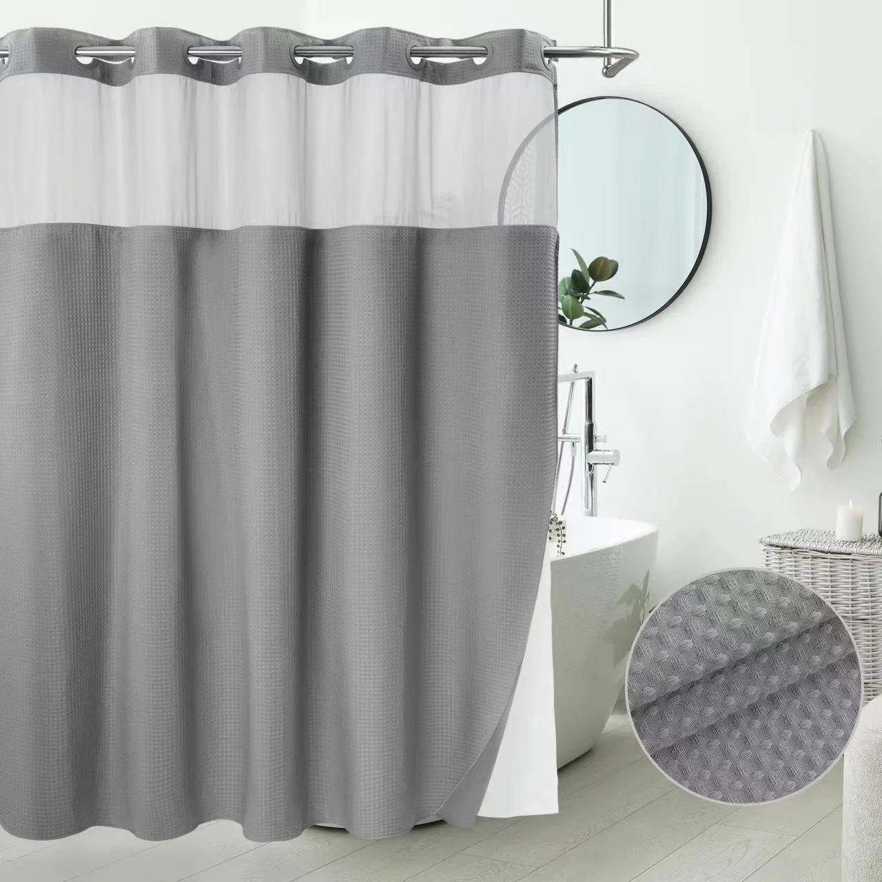 Barossa Design No Hook Extra Long Waffle Weave Shower Curtain with Snap in Liner, Mesh Window