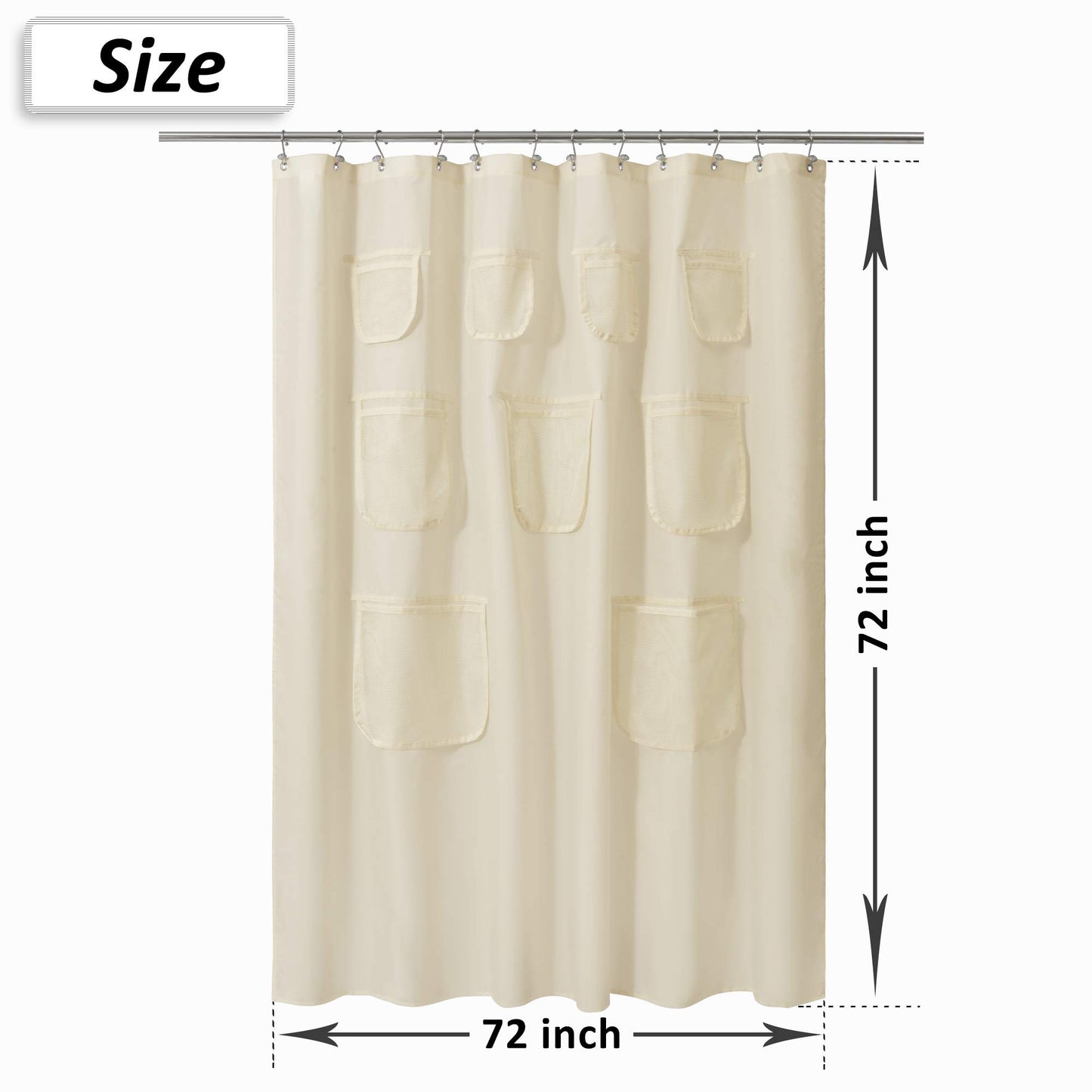 Barossa Design Water-Repellent Fabric Shower Curtain or Liner with 9 Handy Mesh Pockets