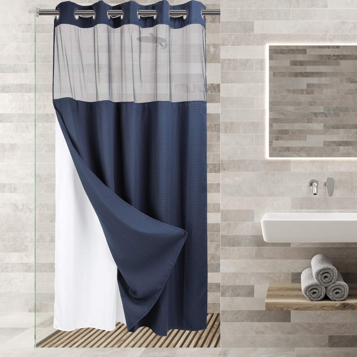 Barossa Design No Hooks Required Waffle Weave Shower Curtain with Snap in Liner