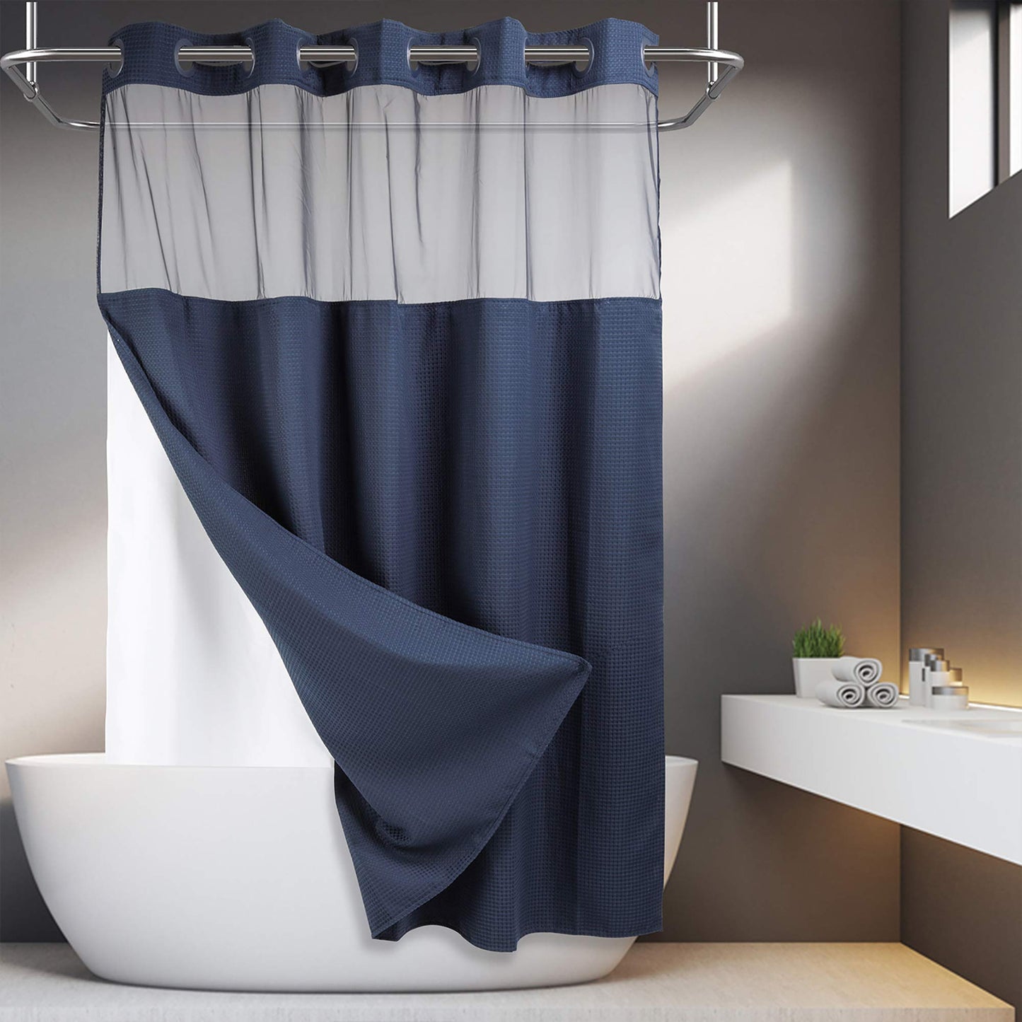 Barossa Design No Hooks Required Waffle Weave Shower Curtain with Snap in Liner