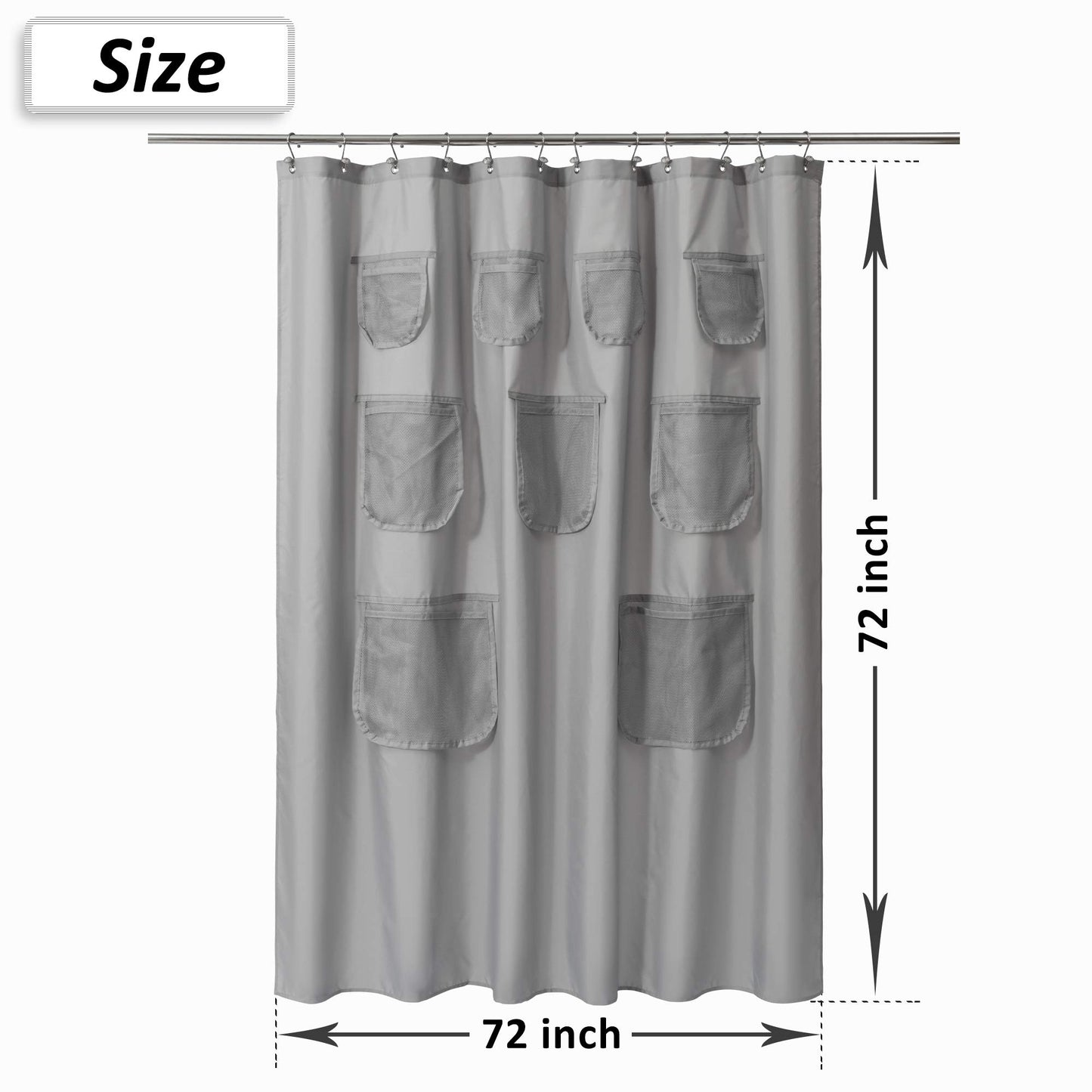 Barossa Design Water-Repellent Fabric Shower Curtain or Liner with 9 Handy Mesh Pockets