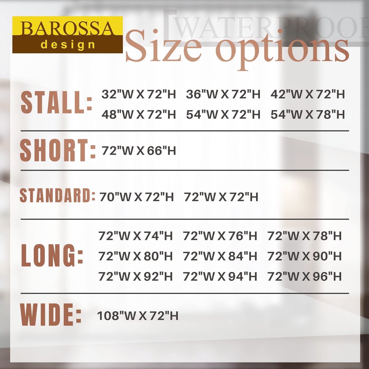 Barossa Design Waterproof Fabric Shower Curtain or Liner Microfiber