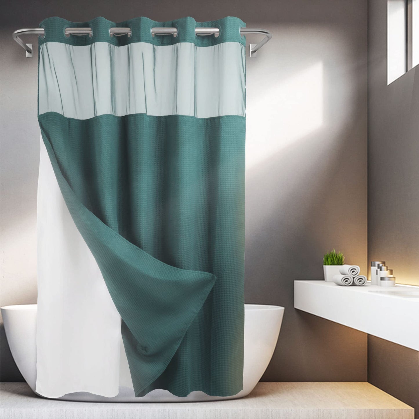 Barossa Design No Hooks Required Waffle Weave Shower Curtain with Snap in Liner