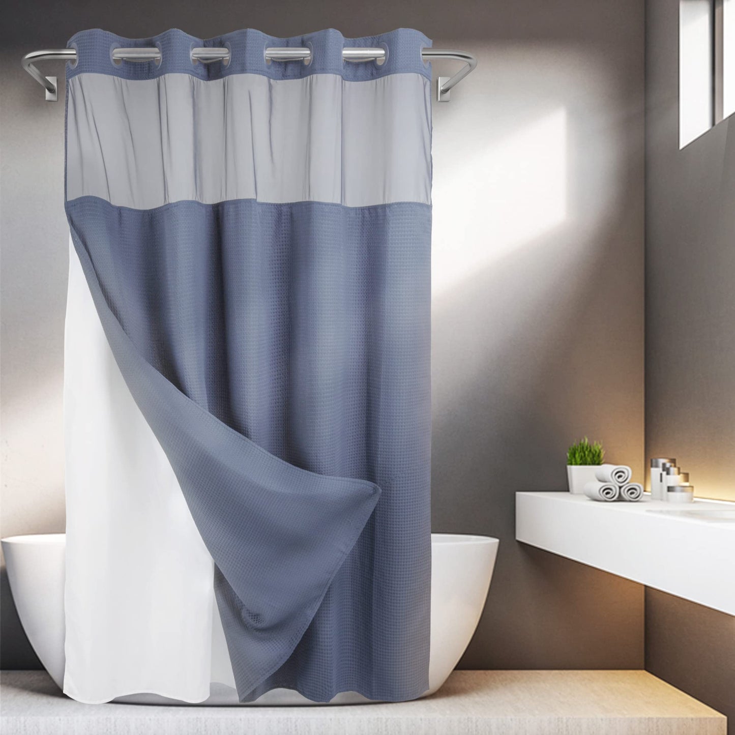 Barossa Design No Hooks Required Waffle Weave Shower Curtain with Snap in Liner