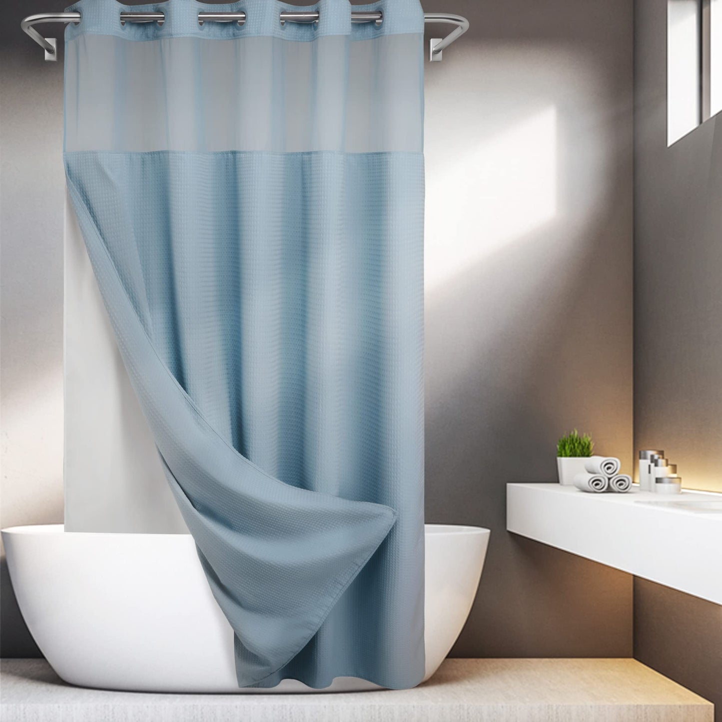 Barossa Design No Hooks Required Waffle Weave Shower Curtain with Snap in Liner