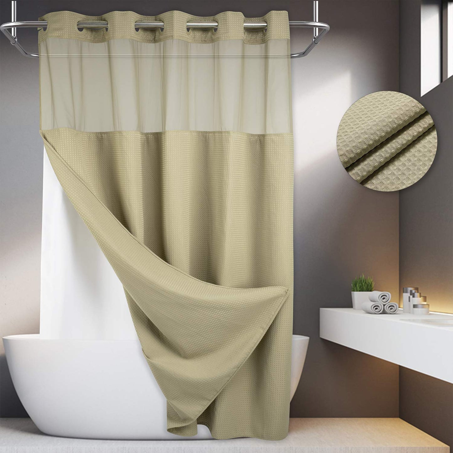 Barossa Design No Hooks Required Waffle Weave Shower Curtain with Snap in Liner