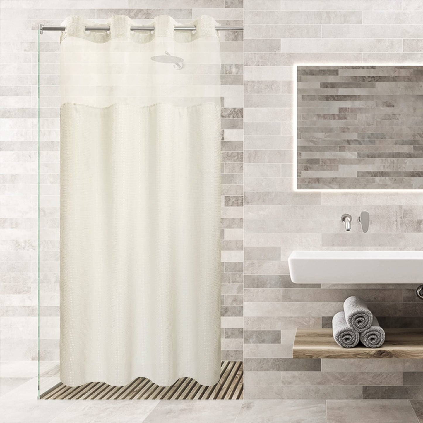 Barossa Design No Hooks Required Waffle Weave Shower Curtain with Snap in Liner
