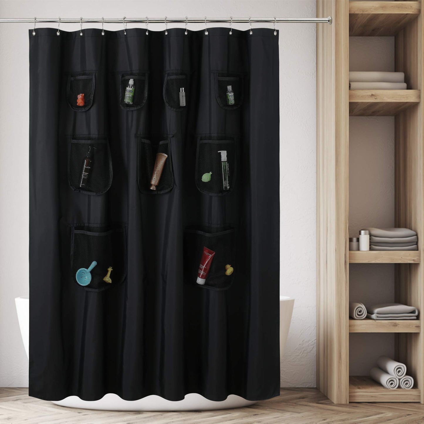 Barossa Design Water-Repellent Fabric Shower Curtain or Liner with 9 Handy Mesh Pockets