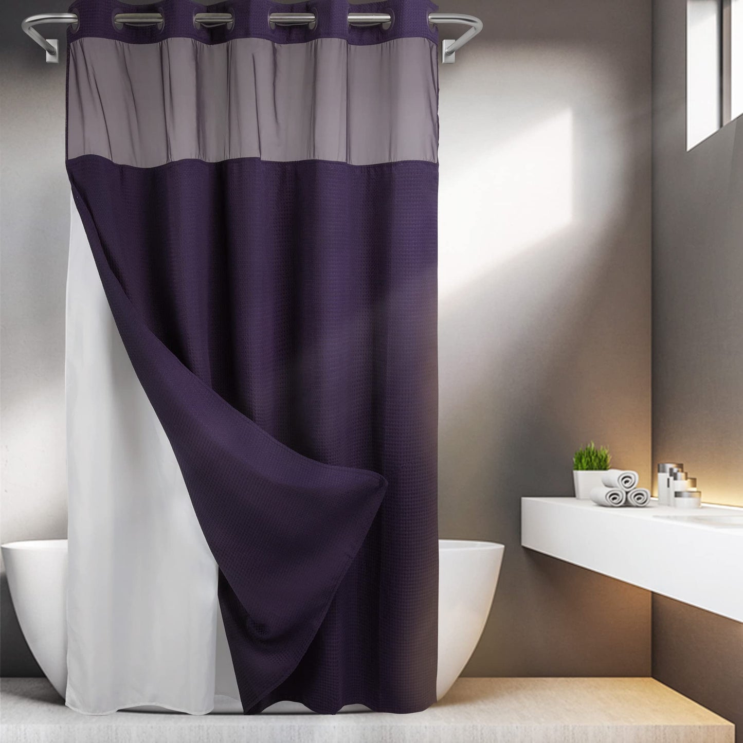 Barossa Design No Hooks Required Waffle Weave Shower Curtain with Snap in Liner