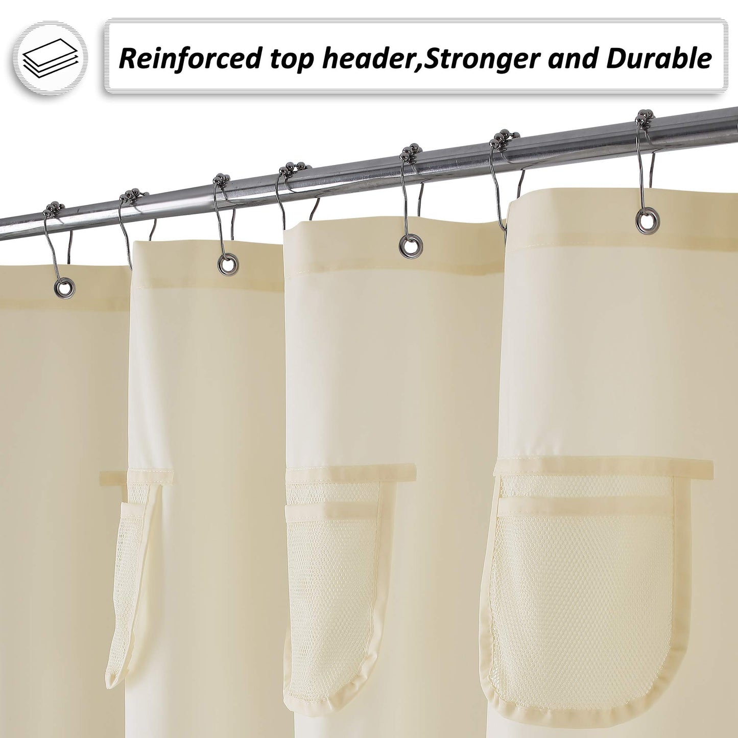 Barossa Design Water-Repellent Fabric Shower Curtain or Liner with 9 Handy Mesh Pockets