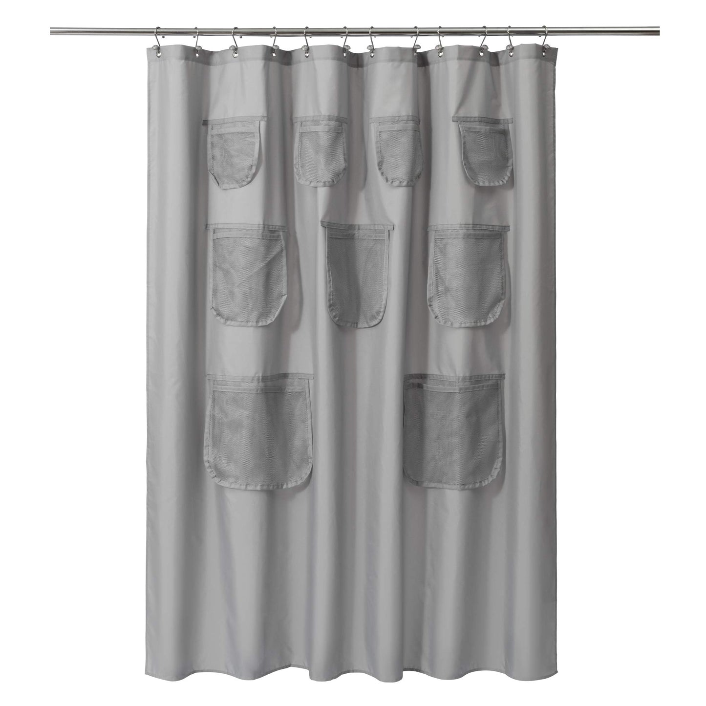 Barossa Design Water-Repellent Fabric Shower Curtain or Liner with 9 Handy Mesh Pockets