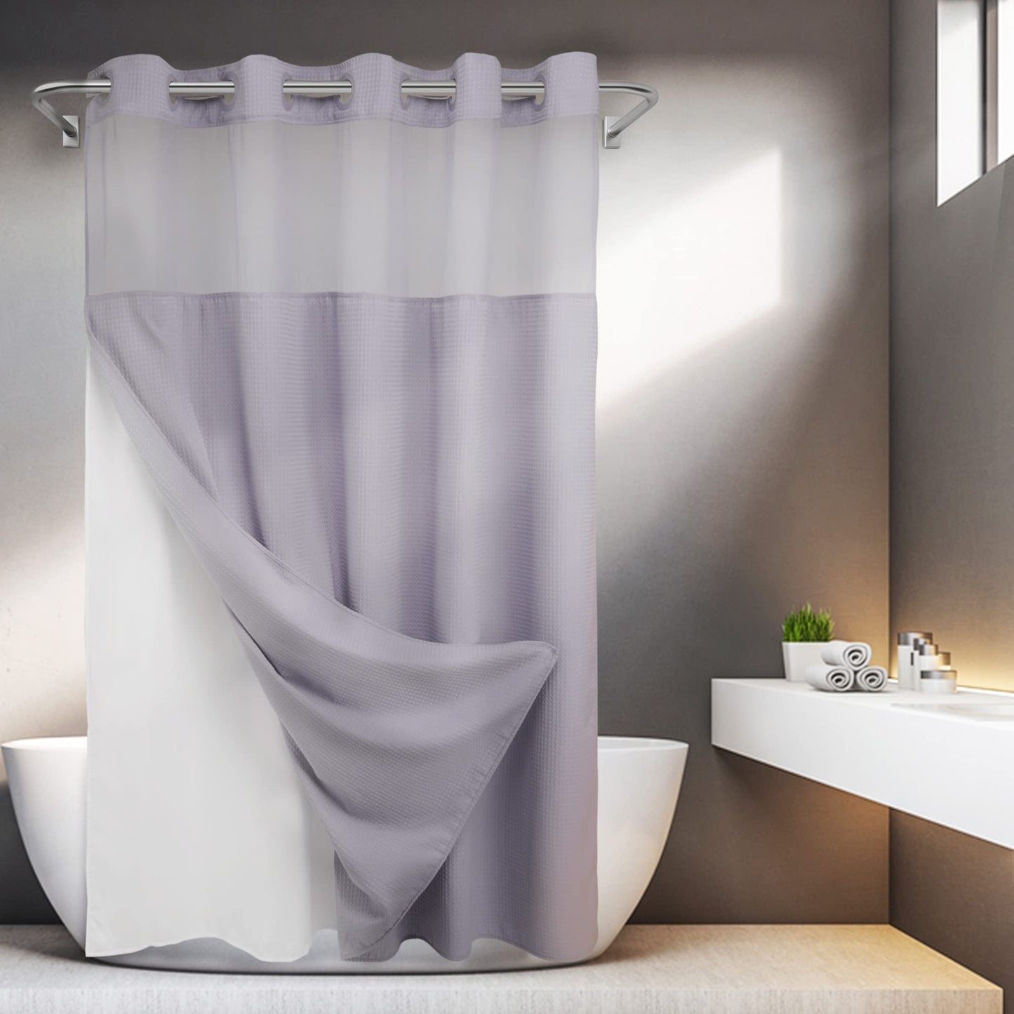 Barossa Design No Hooks Required Waffle Weave Shower Curtain with Snap in Liner