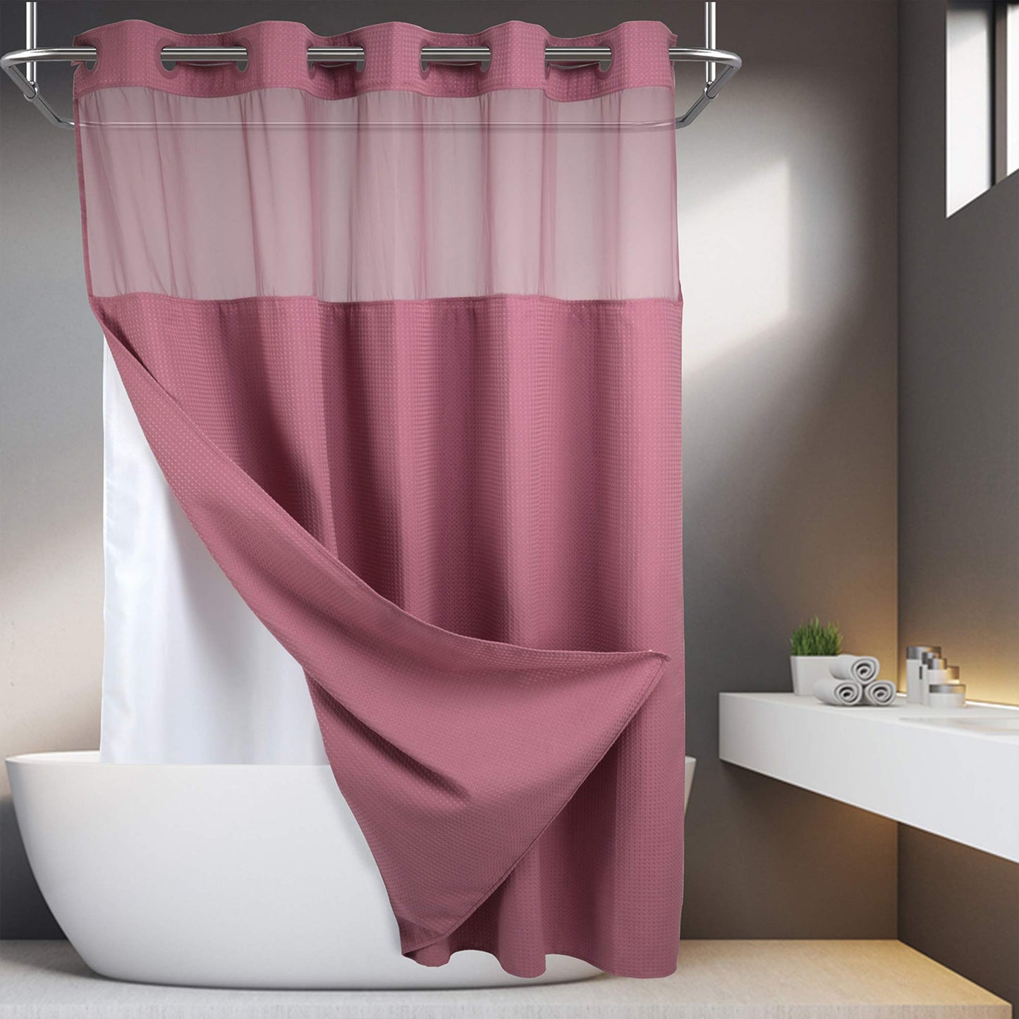 Barossa Design No Hooks Required Waffle Weave Shower Curtain with Snap in Liner