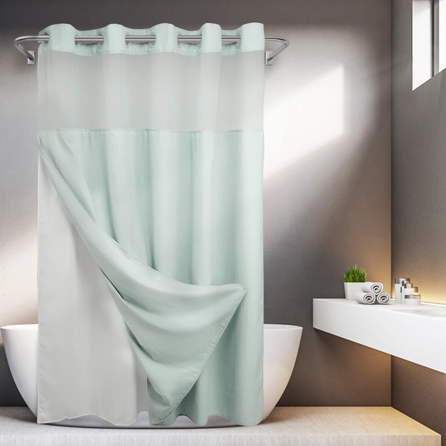 Barossa Design No Hooks Required Waffle Weave Shower Curtain with Snap in Liner