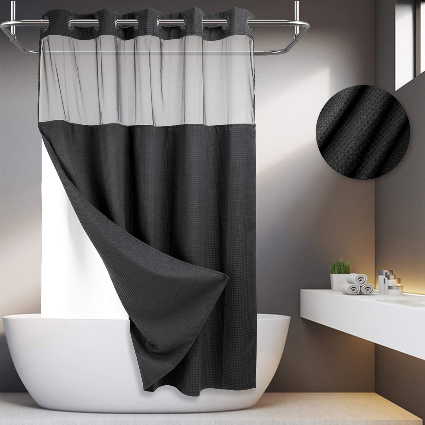 Barossa Design No Hooks Required Waffle Weave Shower Curtain with Snap in Liner