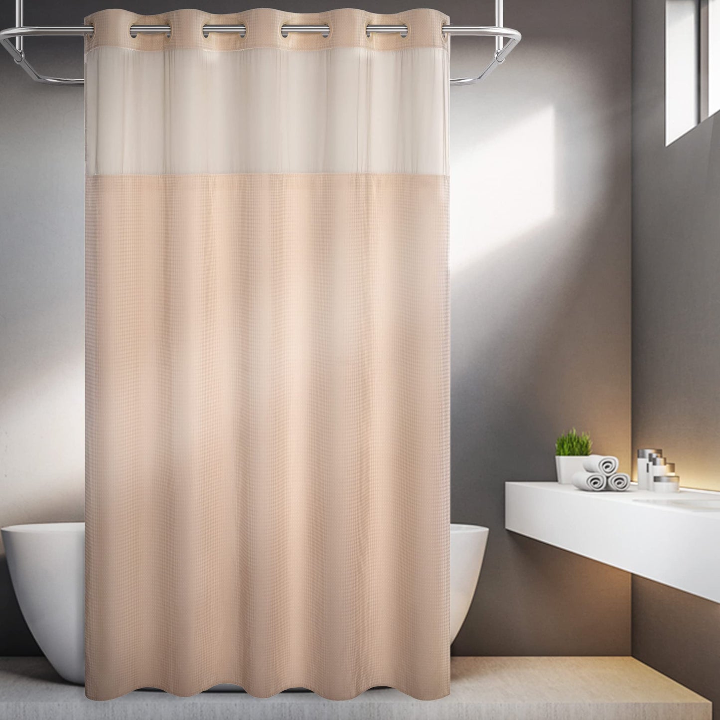 Barossa Design No Hooks Required Waffle Weave Shower Curtain with Snap in Liner