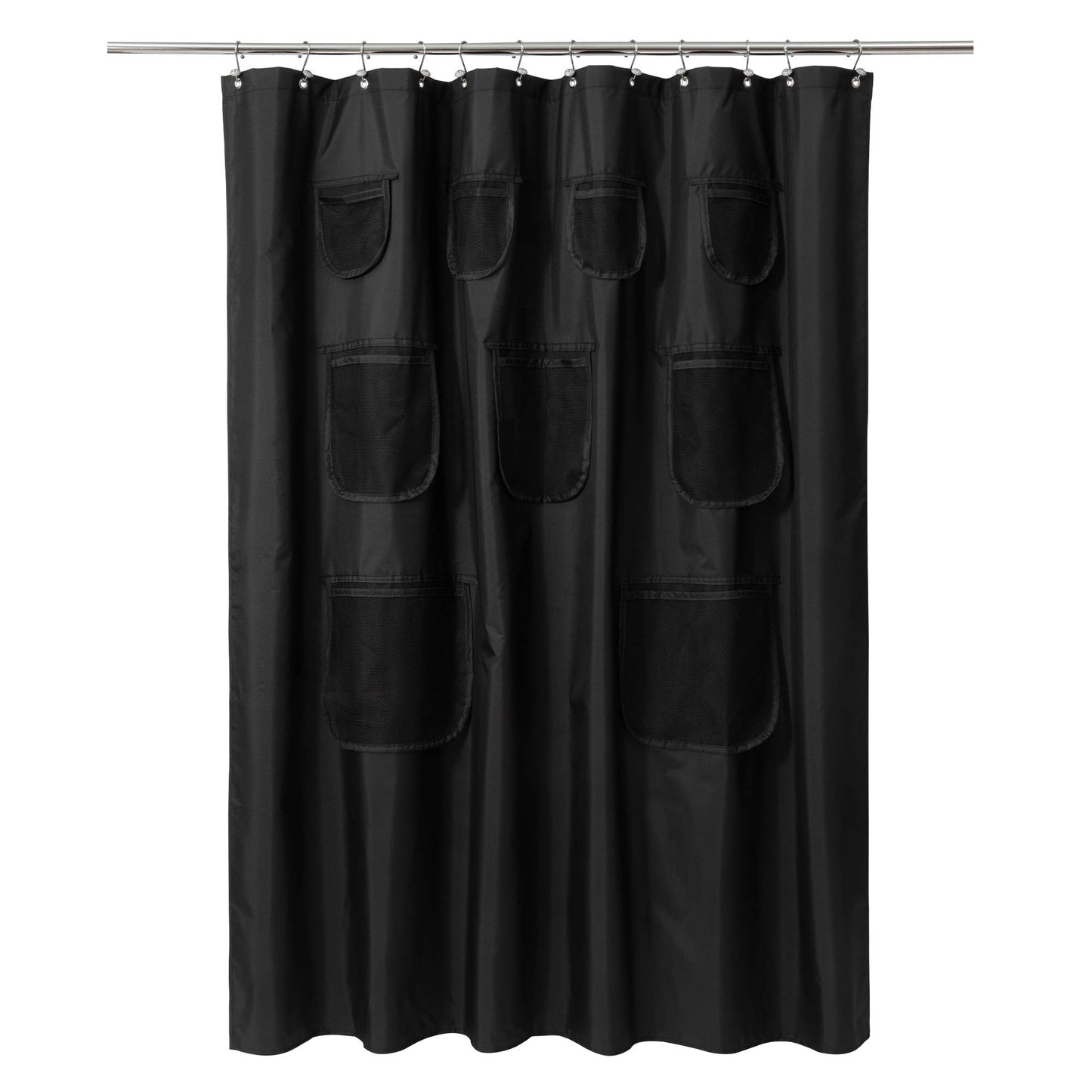 Barossa Design Water-Repellent Fabric Shower Curtain or Liner with 9 Handy Mesh Pockets