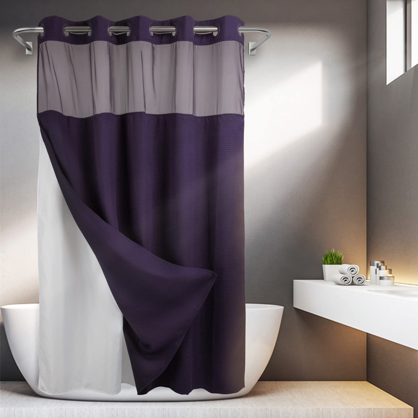 Barossa Design No Hooks Required Waffle Weave Shower Curtain with Snap in Liner