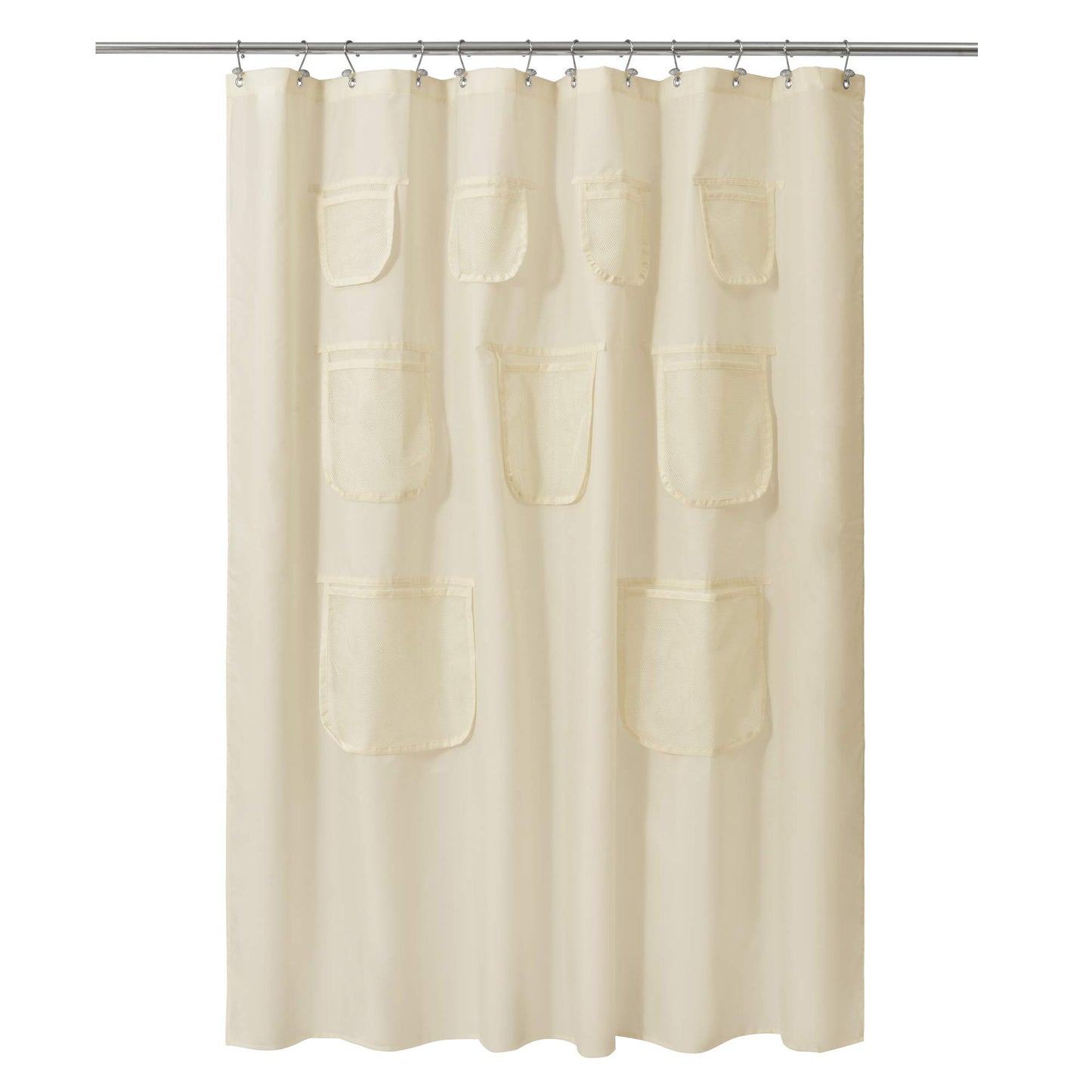 Barossa Design Water-Repellent Fabric Shower Curtain or Liner with 9 Handy Mesh Pockets