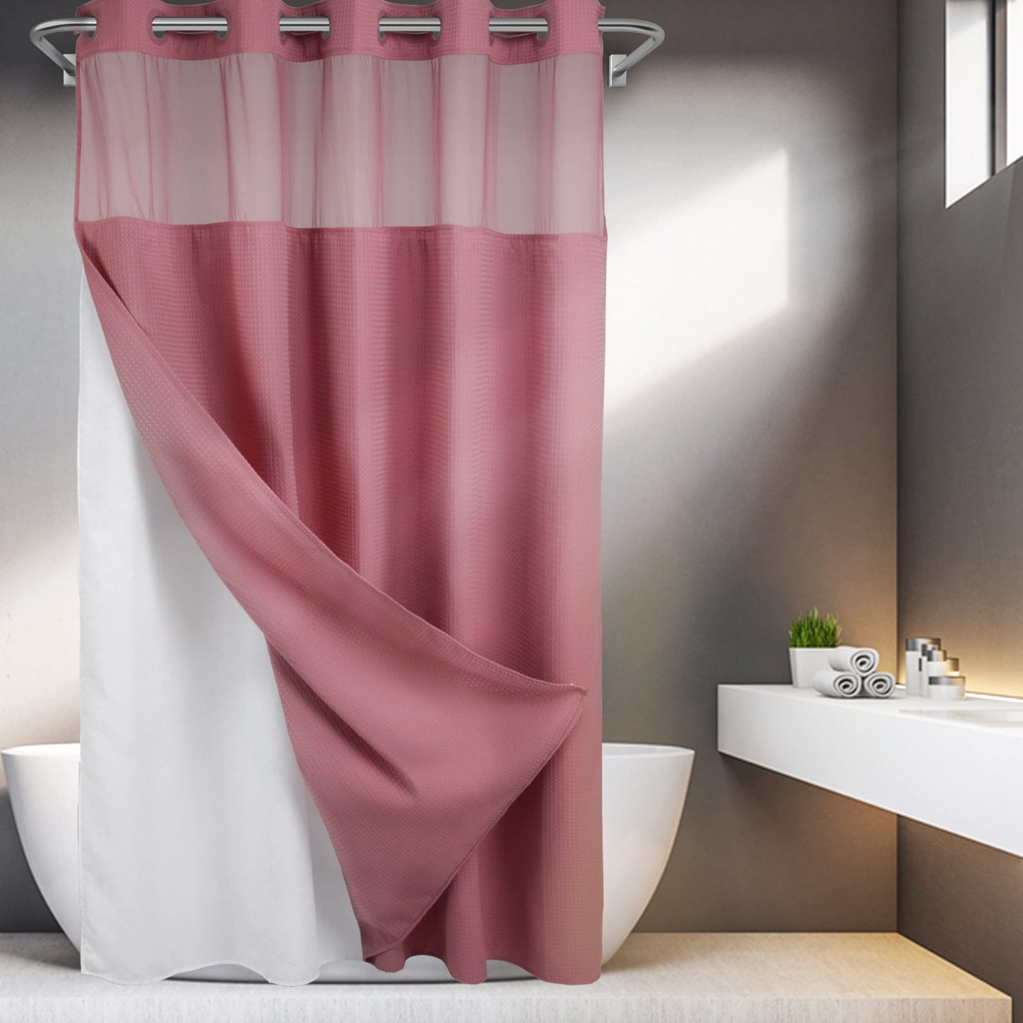 Barossa Design No Hooks Required Waffle Weave Shower Curtain with Snap in Liner