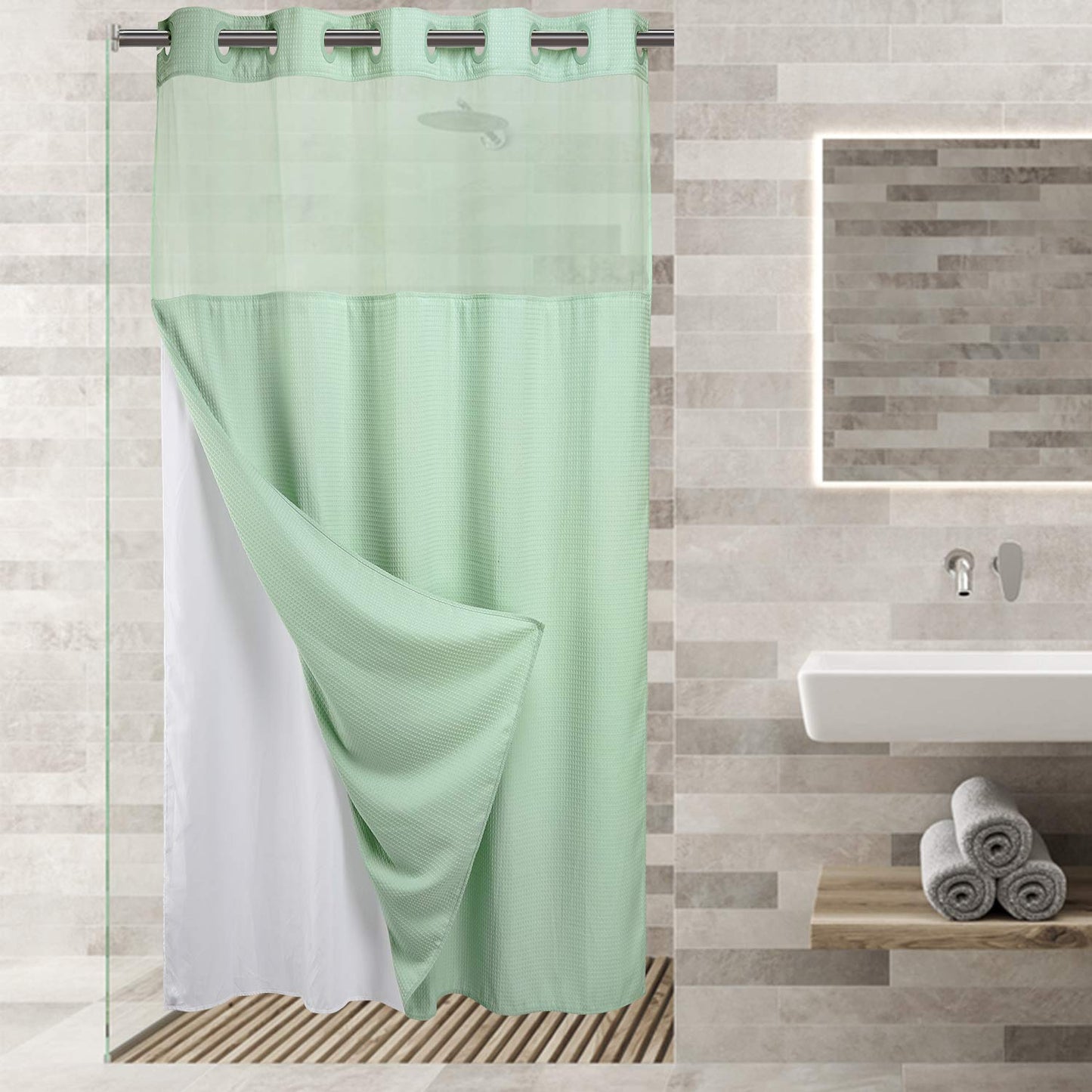 Barossa Design No Hooks Required Waffle Weave Shower Curtain with Snap in Liner