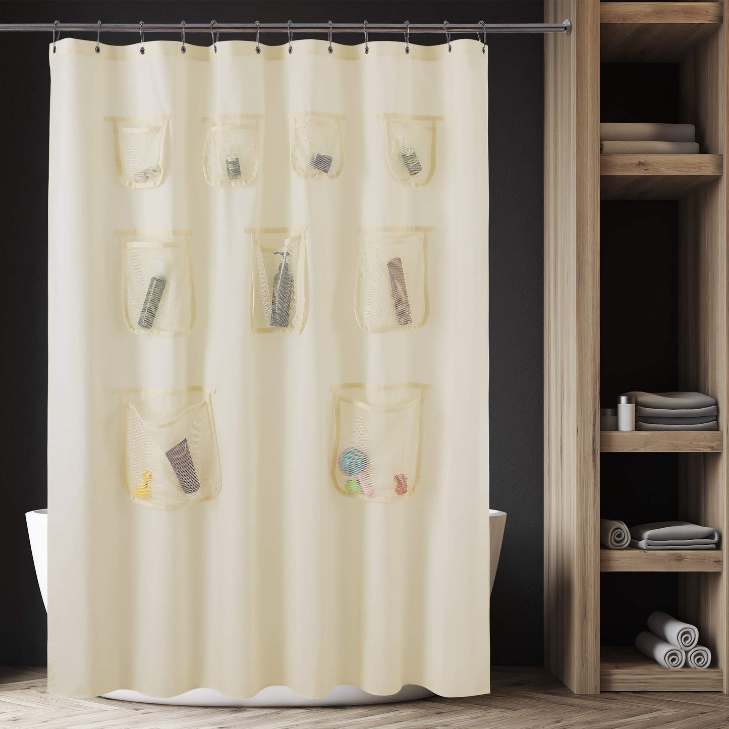 Barossa Design Water-Repellent Fabric Shower Curtain or Liner with 9 Handy Mesh Pockets