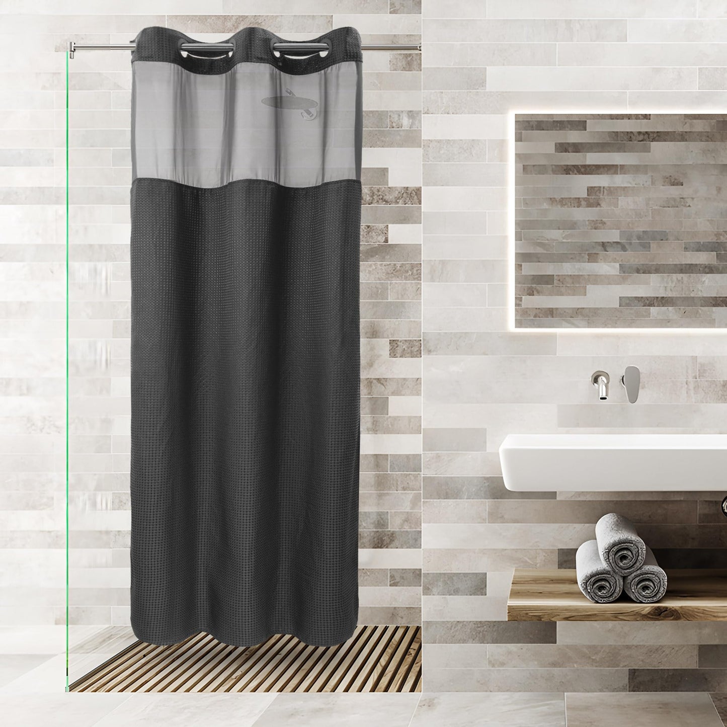 Barossa Design No Hooks Required Waffle Weave Shower Curtain with Snap in Liner