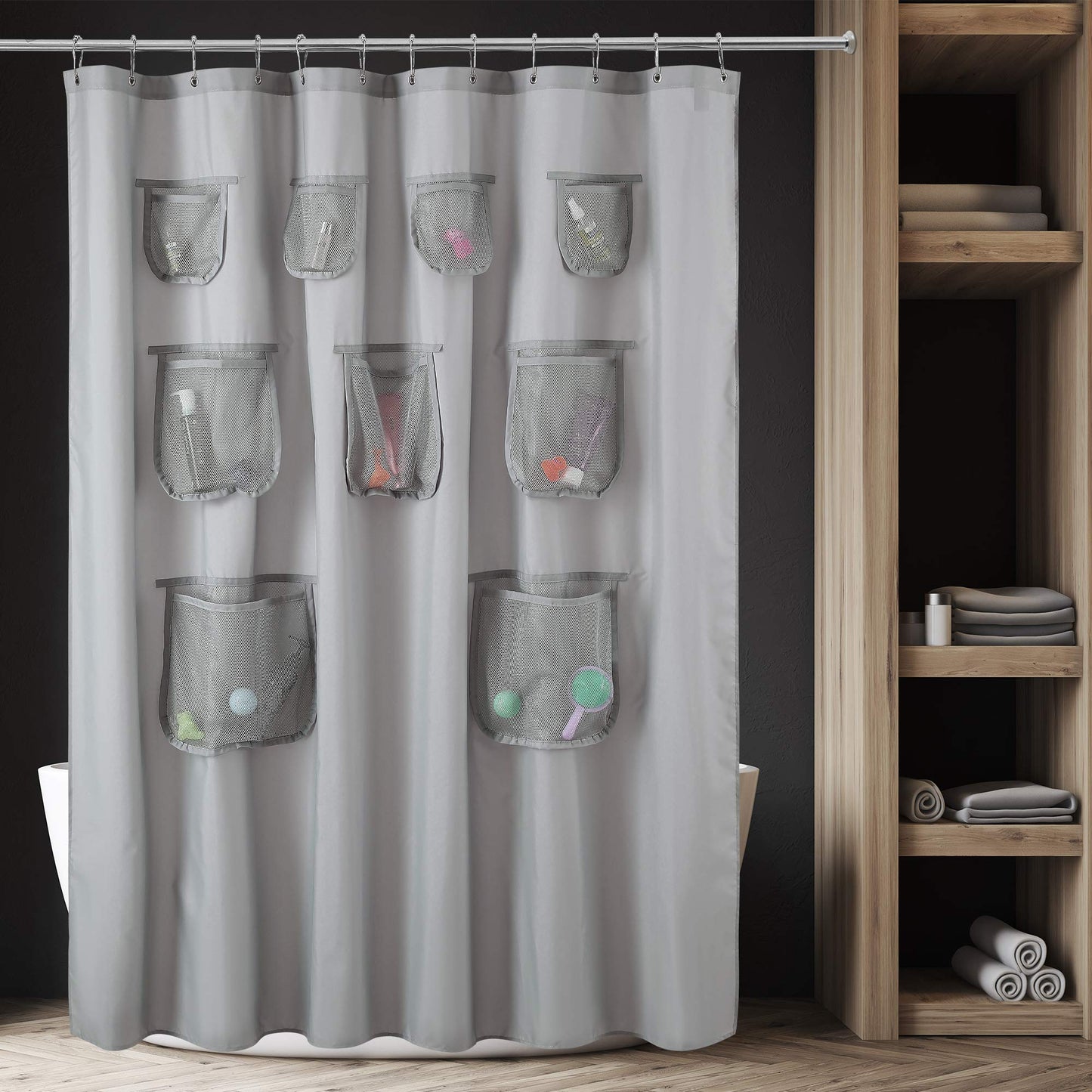 Barossa Design Water-Repellent Fabric Shower Curtain or Liner with 9 Handy Mesh Pockets