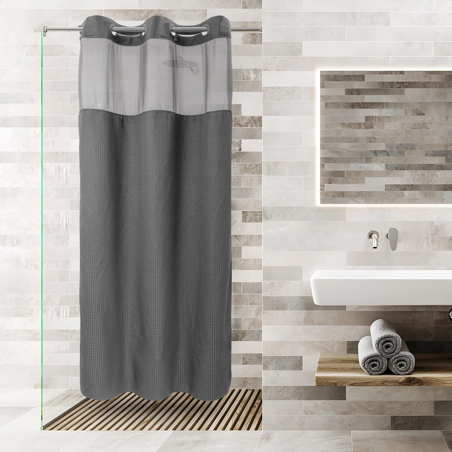 Barossa Design No Hooks Required Waffle Weave Shower Curtain with Snap in Liner