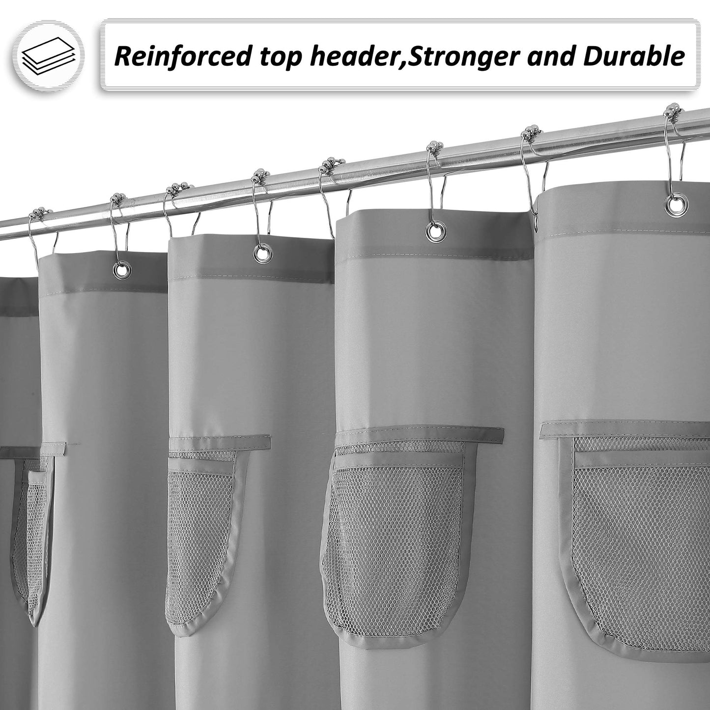 Barossa Design Water-Repellent Fabric Shower Curtain or Liner with 9 Handy Mesh Pockets