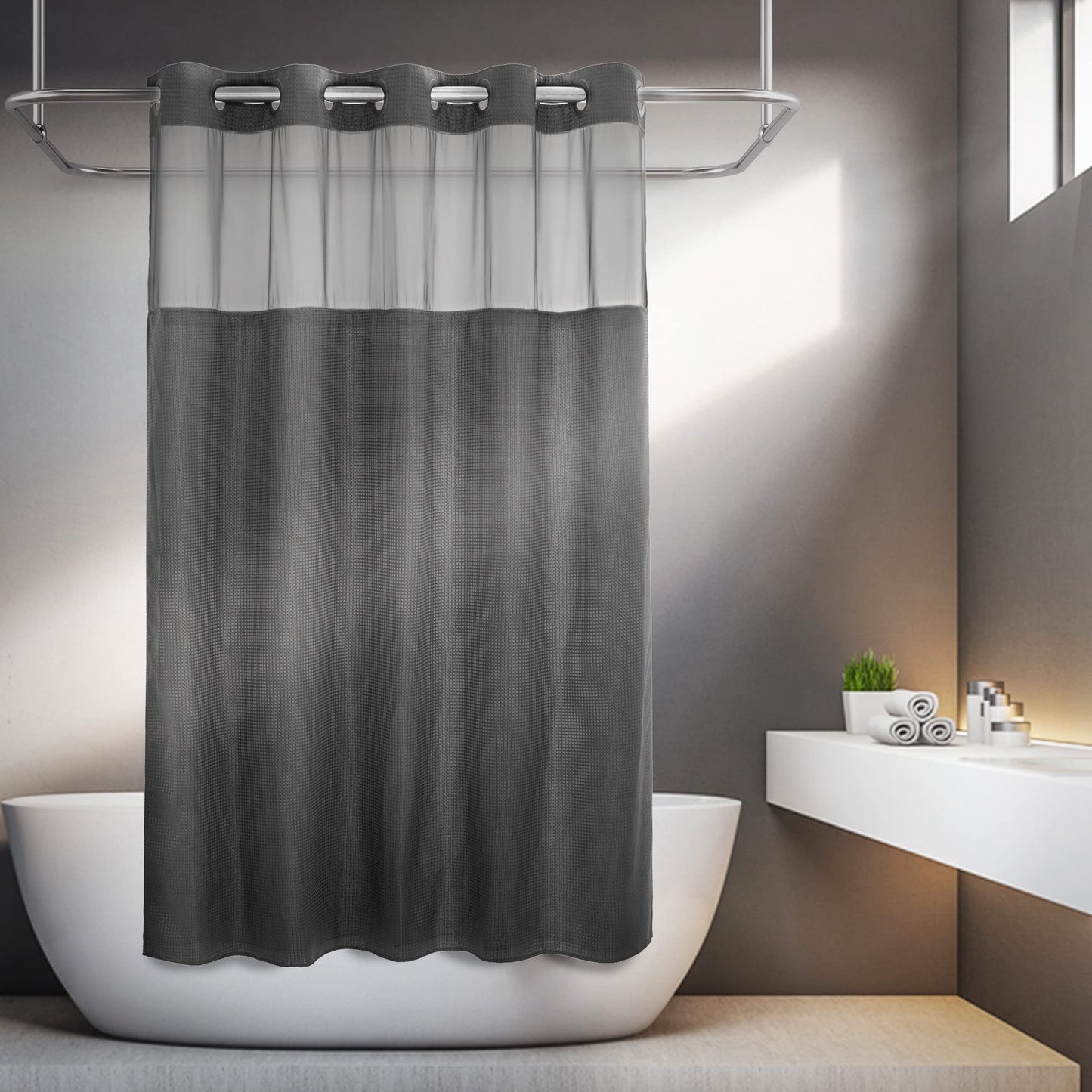 Barossa Design No Hooks Required Waffle Weave Shower Curtain with Snap in Liner