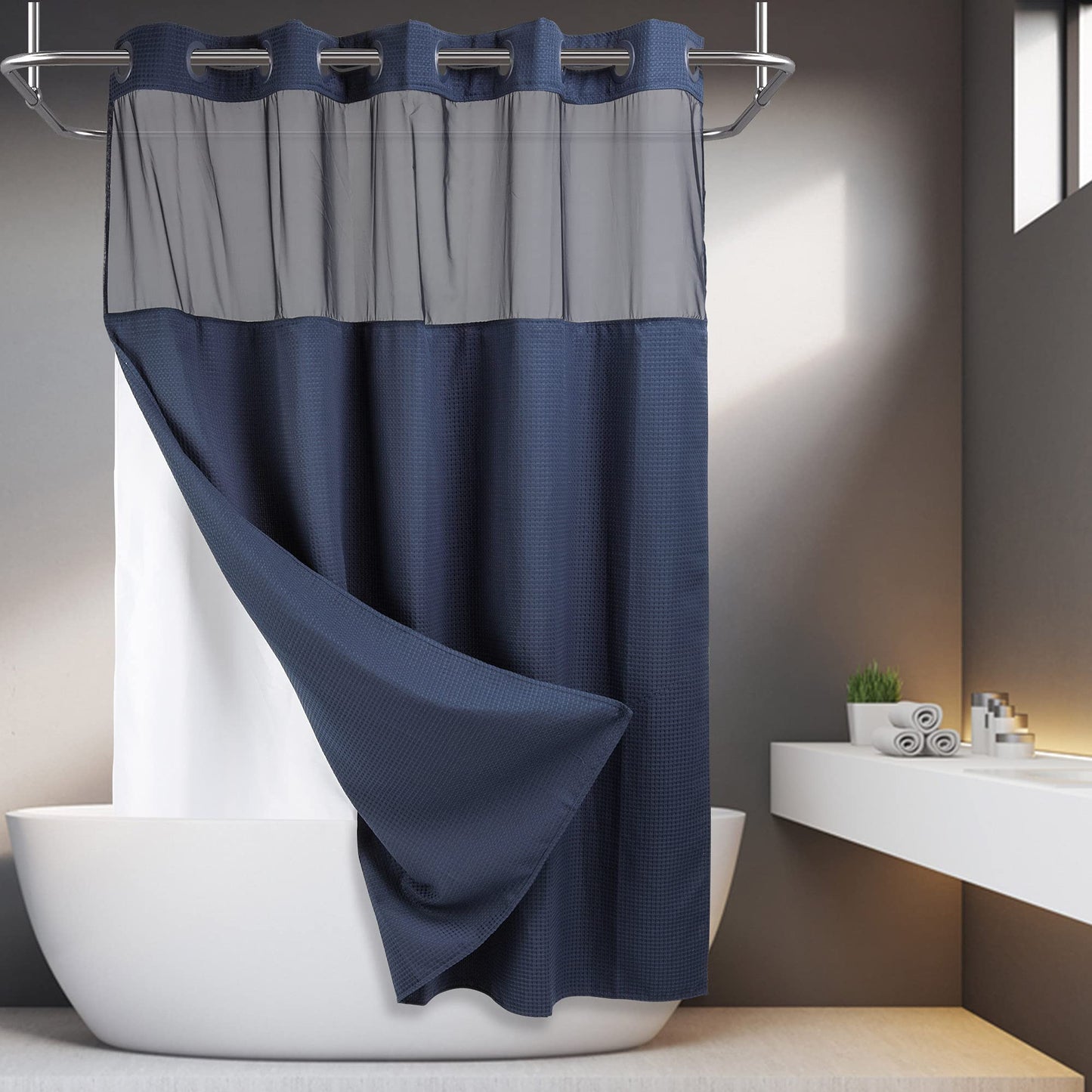 Barossa Design No Hooks Required Waffle Weave Shower Curtain with Snap in Liner