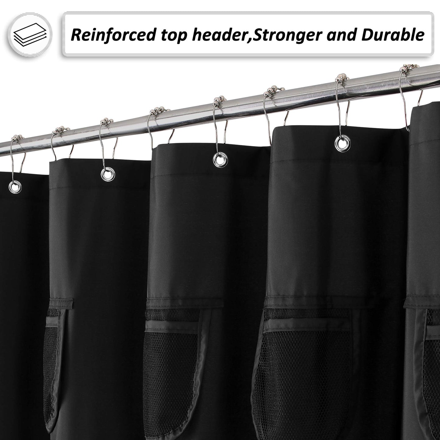 Barossa Design Water-Repellent Fabric Shower Curtain or Liner with 9 Handy Mesh Pockets
