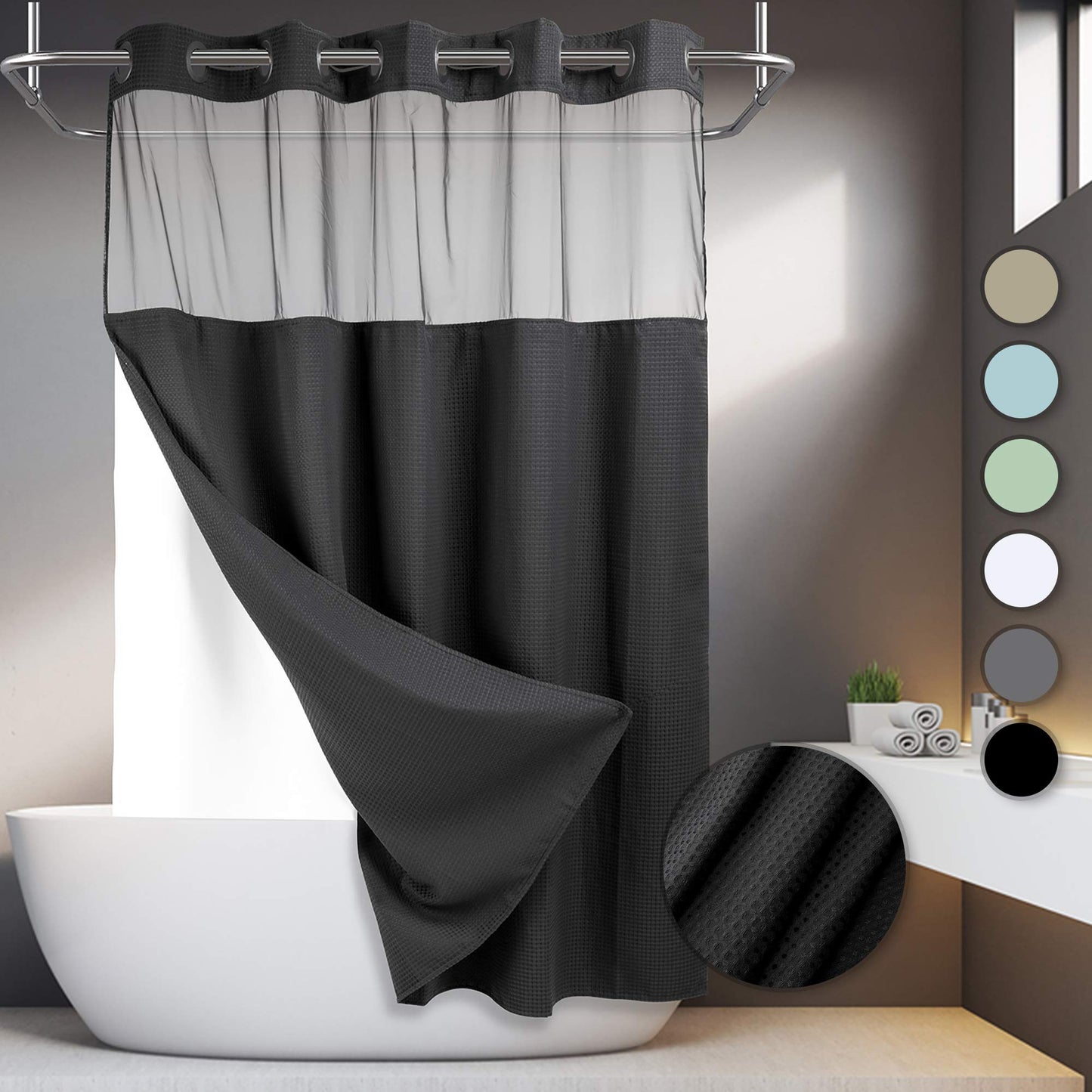 Barossa Design No Hooks Required Waffle Weave Shower Curtain with Snap in Liner