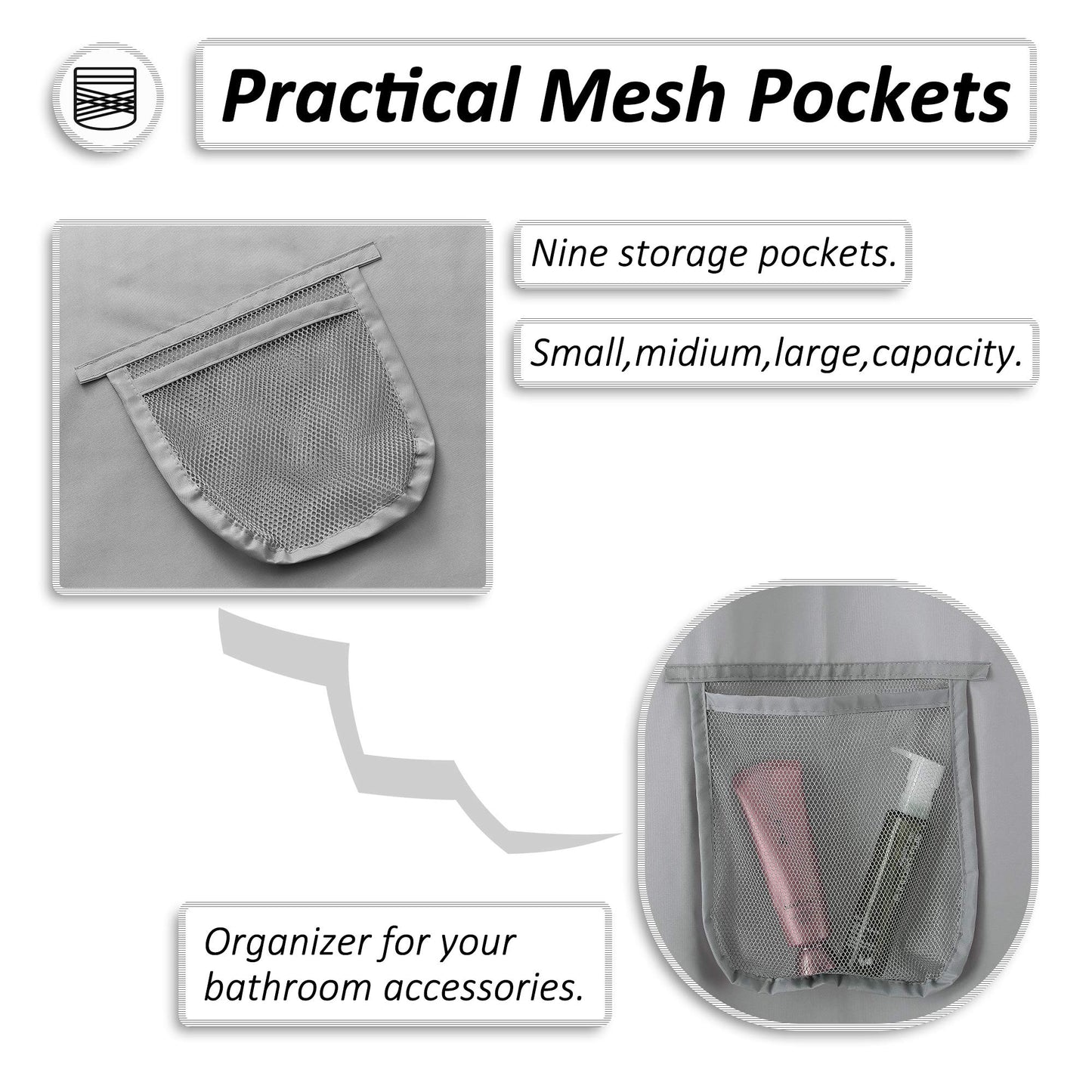 Barossa Design Water-Repellent Fabric Shower Curtain or Liner with 9 Handy Mesh Pockets