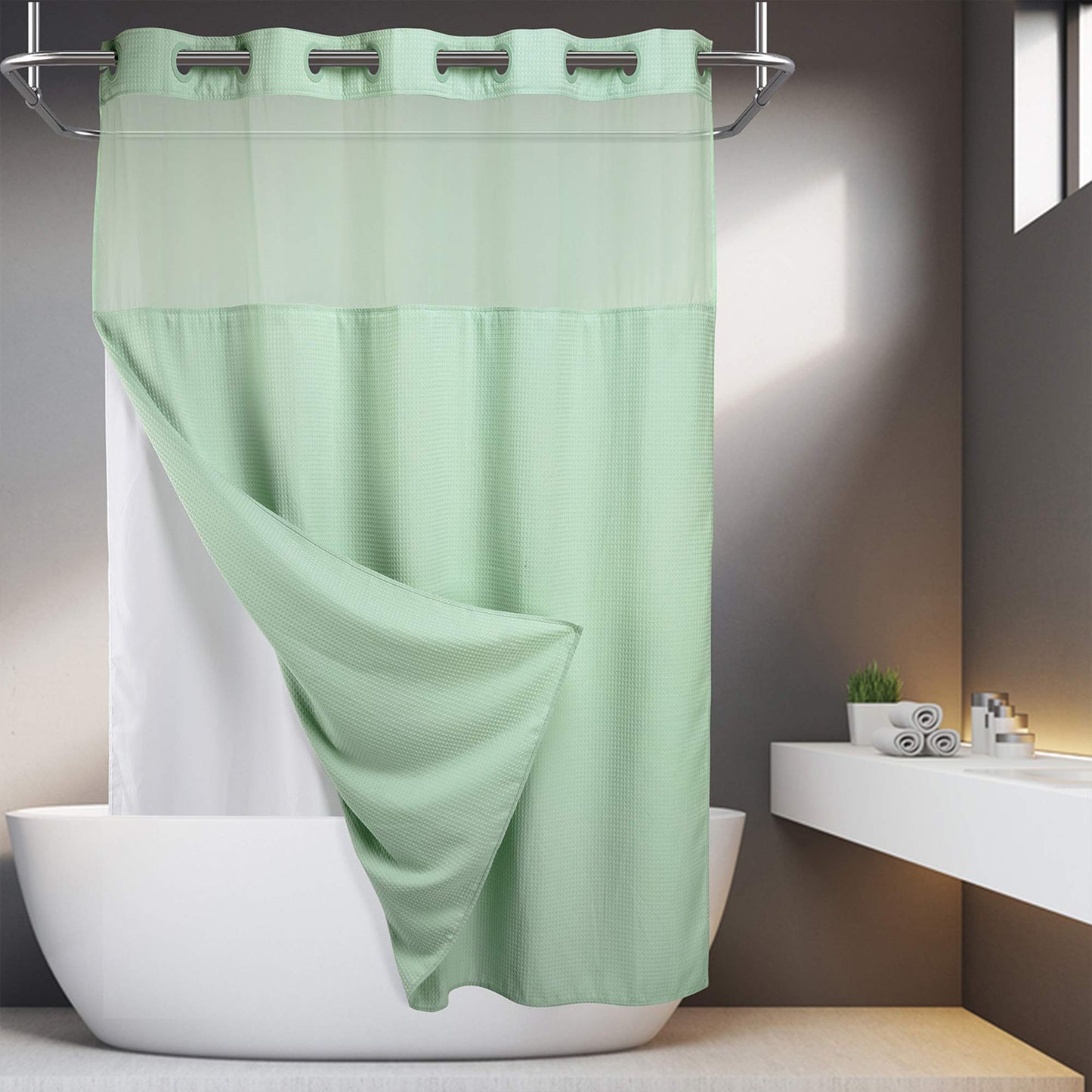 Barossa Design No Hooks Required Waffle Weave Shower Curtain with Snap in Liner