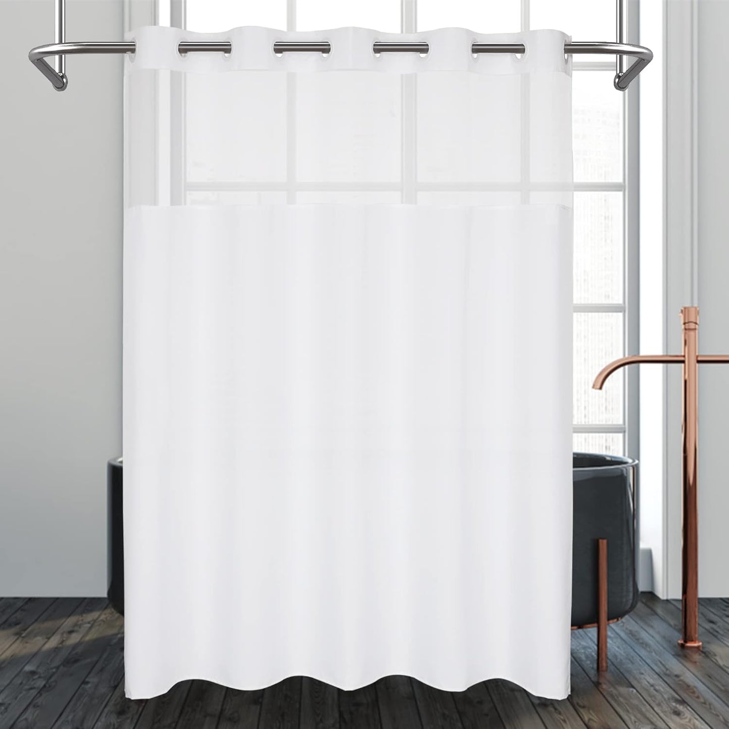 Barossa Design Fabric Shower Curtain or Liner with Sheer Window, No Snap in Liner Needed